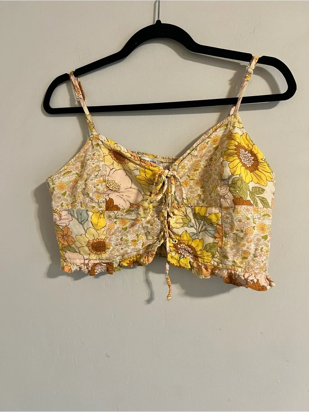 American Eagle Floral Patchwork Lace-up Crop Top Sz Large